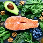 Flat lay di alimenti anti-infiammatori come salmone, avocado, noci, mirtilli e verdure a foglia verde, disposti artisticamente su un tavolo di legno rustico. Lente macro, 60mm, alta definizione, illuminazione controllata per enfatizzare freschezza e colori vivaci.