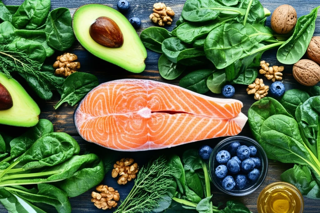 Flat lay di alimenti anti-infiammatori come salmone, avocado, noci, mirtilli e verdure a foglia verde, disposti artisticamente su un tavolo di legno rustico. Lente macro, 60mm, alta definizione, illuminazione controllata per enfatizzare freschezza e colori vivaci.