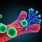 Illustrazione scientifica astratta che mostra l'interazione tra un anticorpo bispecifico (come il teclistamab), una cellula T e una cellula di mieloma multiplo. Colori vivaci su sfondo scuro per evidenziare il meccanismo d'azione. Obiettivo macro 105mm, illuminazione da studio per dettagli nitidi, evocando innovazione tecnologica in campo medico.