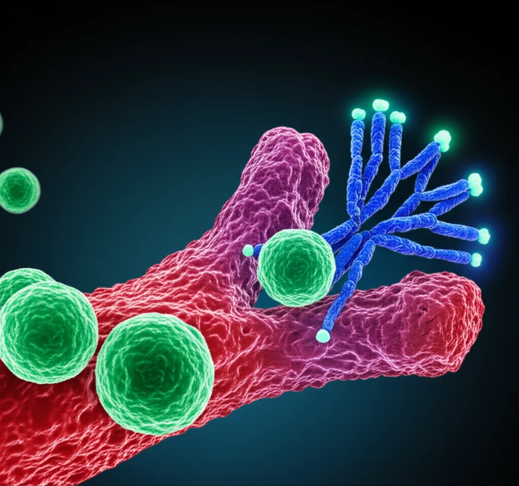 Illustrazione scientifica astratta che mostra l'interazione tra un anticorpo bispecifico (come il teclistamab), una cellula T e una cellula di mieloma multiplo. Colori vivaci su sfondo scuro per evidenziare il meccanismo d'azione. Obiettivo macro 105mm, illuminazione da studio per dettagli nitidi, evocando innovazione tecnologica in campo medico.