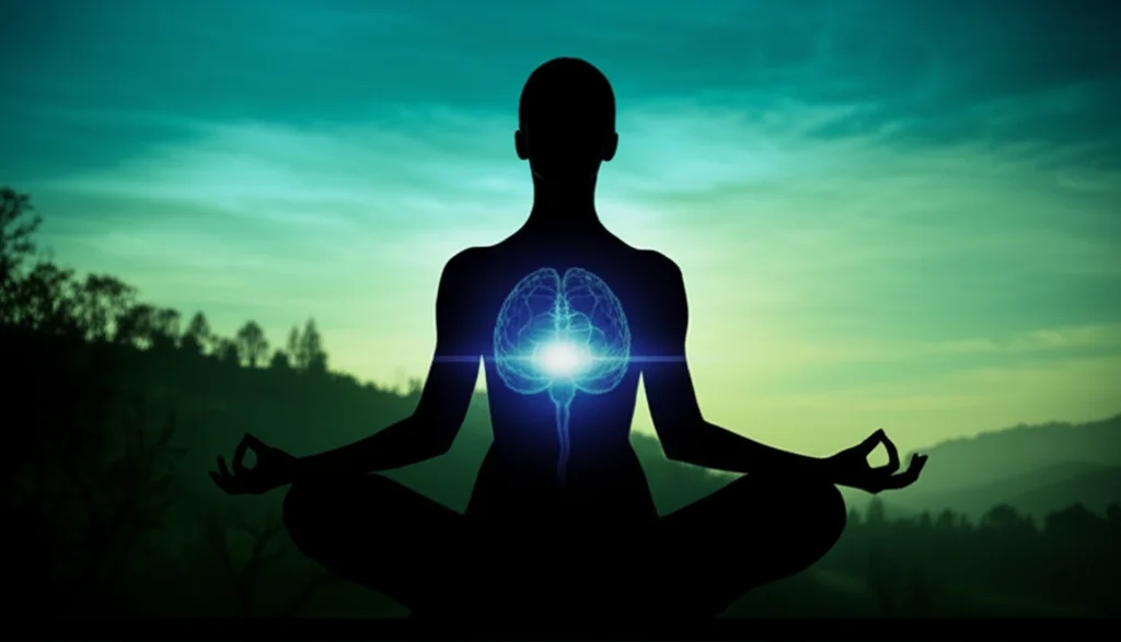 Immagine concettuale che rappresenta la connessione mente-corpo: una silhouette di una persona anziana in meditazione con un cervello luminoso e un cuore pulsante visibili all'interno, su uno sfondo sereno di un paesaggio naturale al tramonto. Fotografia di ritratto, obiettivo 50mm, duotone blu e verde acqua, profondità di campo per un effetto sognante e introspettivo.