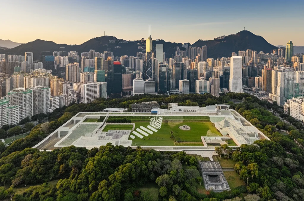 Immagine fotorealistica aerea, stile drone, del Kowloon Walled City Park attuale, vista da Pak Hok Shan, con una sovrapposizione grafica discreta che delinea i contorni delle mura perdute della Città Alta. Obiettivo grandangolare, 10-24mm, per mostrare l'estensione del parco e il contesto urbano circostante, con luce dorata del tardo pomeriggio per un effetto suggestivo e storico.