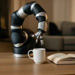 Immagine fotorealistica di un braccio robotico avanzato che interagisce con oggetti di uso quotidiano in un ambiente domestico, dimostrando la presa orientata al compito. Obiettivo prime 35mm, profondità di campo, illuminazione naturale e calda che crea un'atmosfera accogliente.