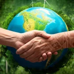 Immagine simbolica della cooperazione tra Europa e America Latina per il clima: due mani, una con i colori stilizzati della bandiera UE e l'altra con un pattern che richiama le culture indigene latinoamericane, che si stringono delicatamente sopra un globo terrestre luminoso focalizzato sull'Oceano Atlantico. Sullo sfondo, elementi naturali verdi stilizzati (foglie, alberi) e turbine eoliche. Illuminazione morbida e positiva, obiettivo 50mm prime, alta definizione, profondità di campo media.