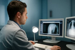 Medico radiologo concentrato che analizza un'ecografia della spalla su monitor ad alta definizione, stanza con luce controllata, obiettivo prime 35mm, profondità di campo, toni leggermente freddi.