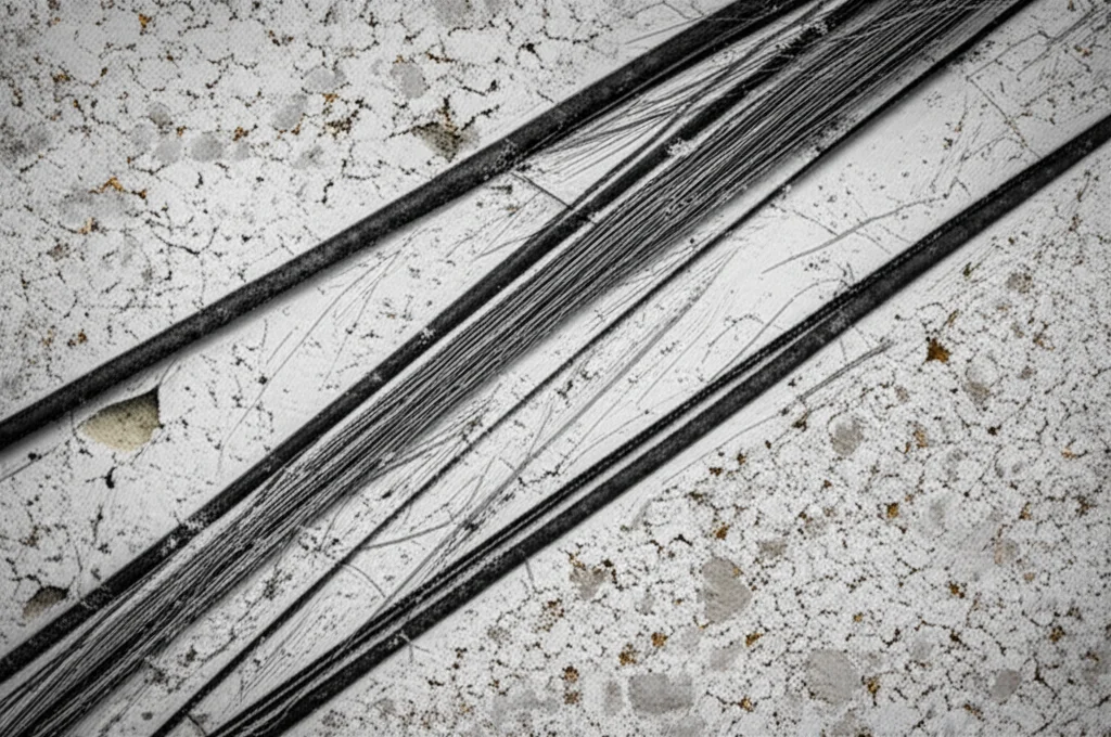 Primo piano macro di una sezione trasversale di calcestruzzo fibrorinforzato ibrido (HFRC) dopo un test ad alta temperatura, evidenziando le fibre d'acciaio e polipropilene incastonate nella matrice cementizia deteriorata dal calore, con micro-crepe visibili. Illuminazione da studio per dettagli nitidi, obiettivo macro 100mm, alta definizione.