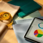 Un metro da sarto giallo brillante appoggiato su diversi campioni di tessuto ecologico (cotone organico grezzo, tessuto riciclato colorato) disposti su un tavolo di legno chiaro, accanto a un tablet moderno che mostra un'interfaccia grafica colorata di un calcolatore di carbon footprint con grafici a torta e barre, macro lens 70mm, high detail sulla texture dei tessuti e sullo schermo del tablet, controlled lighting calda e naturale proveniente da una finestra laterale.