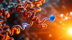 Visualizzazione artistica di una proteina target (struttura complessa a nastri) che subisce un cambiamento conformazionale dinamico al legame con un ligando (piccola molecola sferica). Una proteina sensore NanoLuciferasi (struttura più piccola e luminosa, di colore blu brillante) è fusa al terminale della proteina target e la sua luminosità cambia in risposta al legame del ligando. Sfondo astratto high-tech con effetti di luce. Obiettivo prime, 35mm, depth of field, illuminazione drammatica.