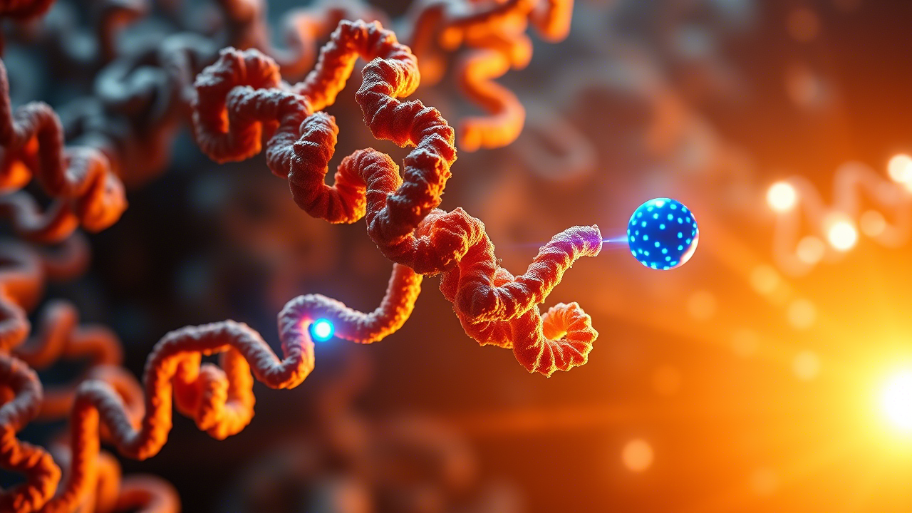 Visualizzazione artistica di una proteina target (struttura complessa a nastri) che subisce un cambiamento conformazionale dinamico al legame con un ligando (piccola molecola sferica). Una proteina sensore NanoLuciferasi (struttura più piccola e luminosa, di colore blu brillante) è fusa al terminale della proteina target e la sua luminosità cambia in risposta al legame del ligando. Sfondo astratto high-tech con effetti di luce. Obiettivo prime, 35mm, depth of field, illuminazione drammatica.
