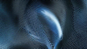 Visualizzazione astratta fotorealistica di un processo di diffusione caotico che viene gradualmente smorzato e regolarizzato nel tempo da un campo di assorbimento. Obiettivo grandangolare 15mm, lunga esposizione per creare transizioni fluide, focus nitido sul pattern in evoluzione, duotone blu e grigio scuro.
