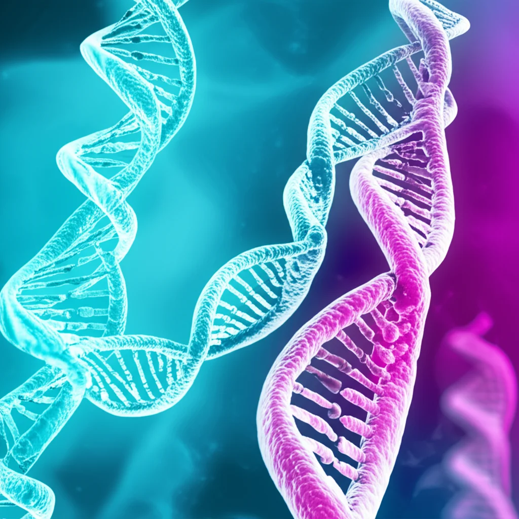 Visualizzazione concettuale multi-omica: filamenti di DNA (trascrittomica), molecole proteiche astratte (proteomica) e cellule immunitarie stilizzate (cellule T) che interagiscono vicino a cellule epatiche (fegato), rappresentando lo studio integrato dei biomarcatori per il danno epatico da immunoterapia (ChILI). Obiettivo prime, 35mm, profondità di campo accentuata, colori duotone ciano e magenta per un look scientifico moderno.