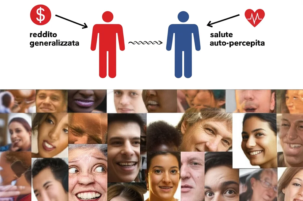 Un diagramma stilizzato che mostra una freccia dal simbolo del dollaro (reddito) a una figura umana stilizzata che stringe la mano a un'altra (fiducia generalizzata), e da lì un'altra freccia a un cuore con un grafico ECG (salute auto-percepita). Lo sfondo è un collage di volti diversi di varie etnie. Obiettivo macro 60mm, illuminazione controllata, alta definizione per evidenziare le connessioni.