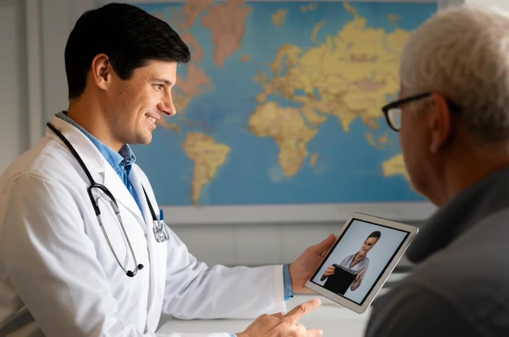 Un medico sorridente che effettua una televisita con un paziente anziano tramite un tablet. Lo sfondo mostra una mappa del mondo stilizzata, a simboleggiare l'accesso globale. Obiettivo zoom 24-35mm, luce naturale e calda, profondità di campo per mettere a fuoco medico e paziente.
