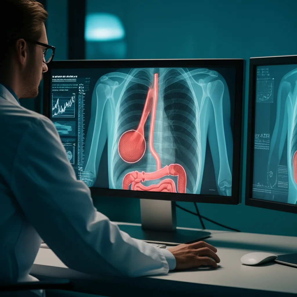 Un medico specialista analizza attentamente immagini TAC tridimensionali dell'esofago su un monitor ad alta risoluzione in un ambiente clinico moderno e luminoso, con grafici di dati radiomici sovrapposti. Prime lens, 35mm, depth of field, illuminazione controllata per enfatizzare i dettagli del monitor.