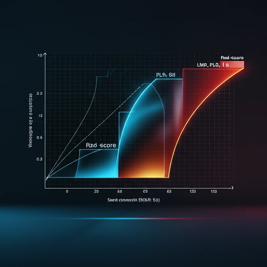 Visualizzazione grafica di un nomogramma complesso con diverse scale e punti per LMR, PLR, SII e Rad-score, che convergono per predire la probabilità di sopravvivenza a 1, 3 e 5 anni. Stile infografica medica, high detail, precise focusing, controlled lighting.