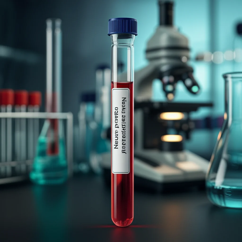 Primo piano di una provetta di sangue con etichetta 'Neuroserpin Study', sfondo sfocato di un laboratorio medico moderno con microscopi e vetreria. Luce da studio controllata, obiettivo macro da 90mm, alta definizione per mostrare i dettagli della provetta e del siero rosso chiaro al suo interno.