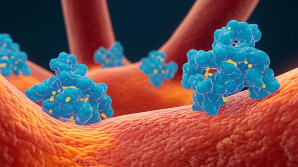 Illustrazione scientifica astratta che mostra molecole di neuroserpina (in blu brillante) che interagiscono con vasi sanguigni infiammati (in rosso e arancione) su uno sfondo scuro che simboleggia il corpo umano. Effetto di profondità di campo, obiettivo da 50mm, illuminazione drammatica per evidenziare le molecole.