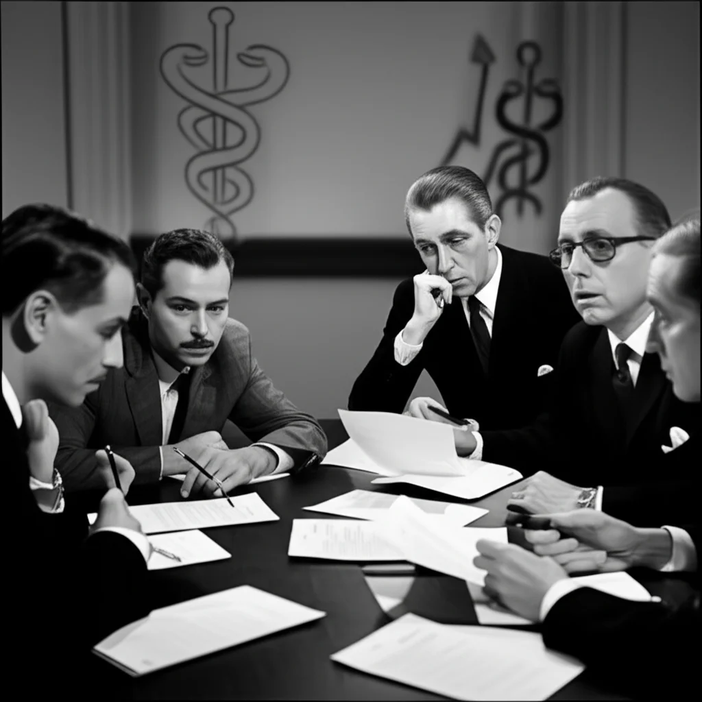 Un tavolo di negoziatori internazionali, alcuni con espressioni preoccupate altri determinate, discutono animatamente su documenti legali sparsi. Sullo sfondo, simboli stilizzati della salute (caduceo) e del commercio (grafico ascendente). Illuminazione da ufficio, focus preciso sui volti e sui documenti, obiettivo da 35mm, profondità di campo per sfocare leggermente lo sfondo, bianco e nero film.