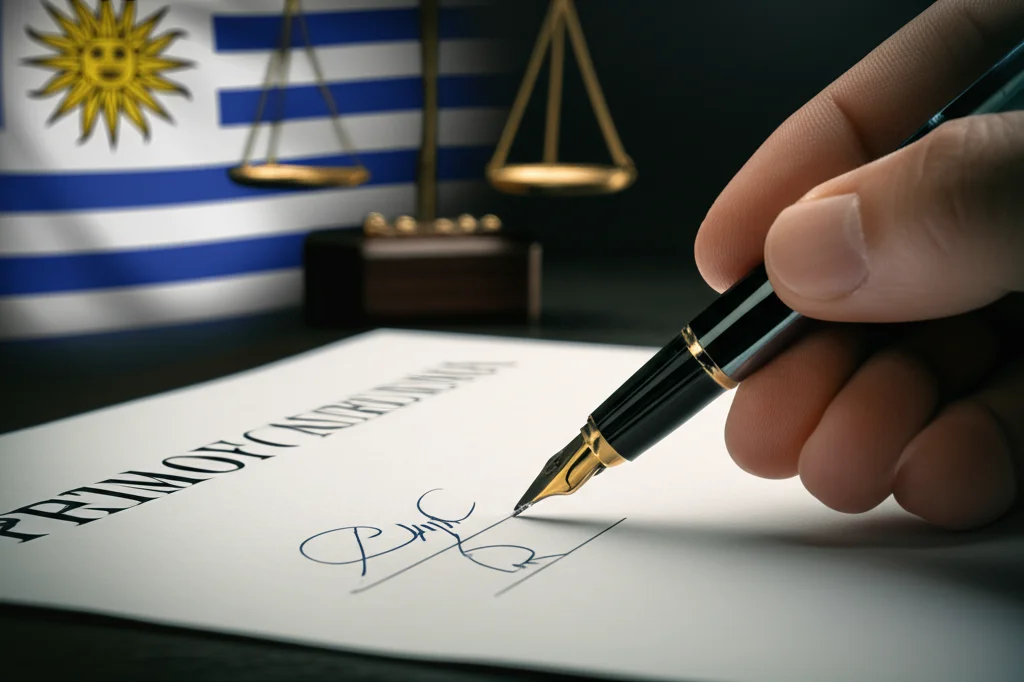 Primo piano di una mano che firma un documento importante con una penna stilografica. Sul documento si intravedono clausole scritte in piccolo con termini come 'salute pubblica', 'diritto di regolamentare'. Sullo sfondo, una bandiera dell'Uruguay e una bilancia della giustizia in equilibrio. Luce drammatica laterale, macro lens da 100mm, alta definizione dei dettagli della firma e della carta, colori leggermente desaturati.