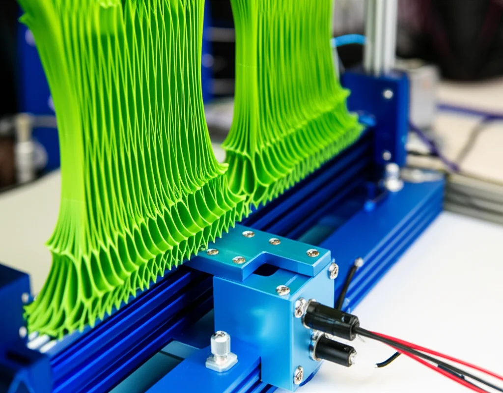 Una visualizzazione di un setup sperimentale per test dinamici: due molle kirigami verdi montate in parallelo, collegate a un carrello blu su una guida. Un vibrometro laser punta verso il carrello. High detail, precise focusing, controlled lighting, stile foto da laboratorio.