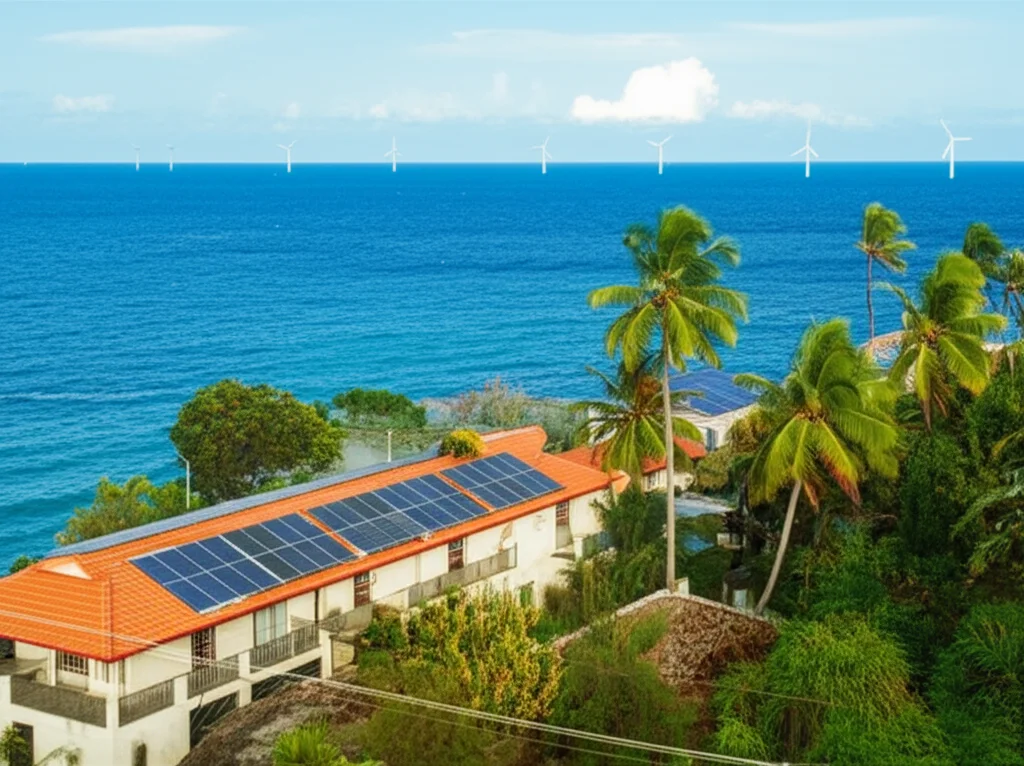 Un'isola tropicale lussureggiante con pannelli solari discretamente integrati sui tetti delle case e turbine eoliche in lontananza sulla costa, immagine macro con lente da 70mm, alta definizione, luce naturale controllata.