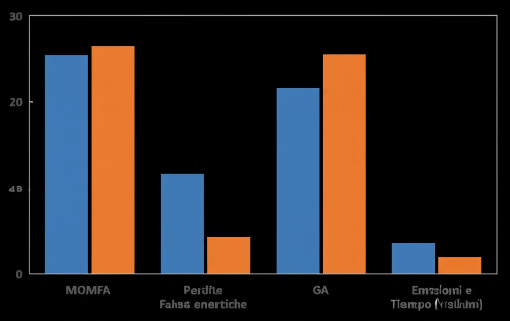 Grafico complesso che mostra il confronto delle prestazioni di diversi algoritmi di ottimizzazione (MOMFA, GA, PSO) su metriche come perdite energetiche, emissioni e tempo di calcolo. Macro lens, 100mm, alta definizione, illuminazione da studio.