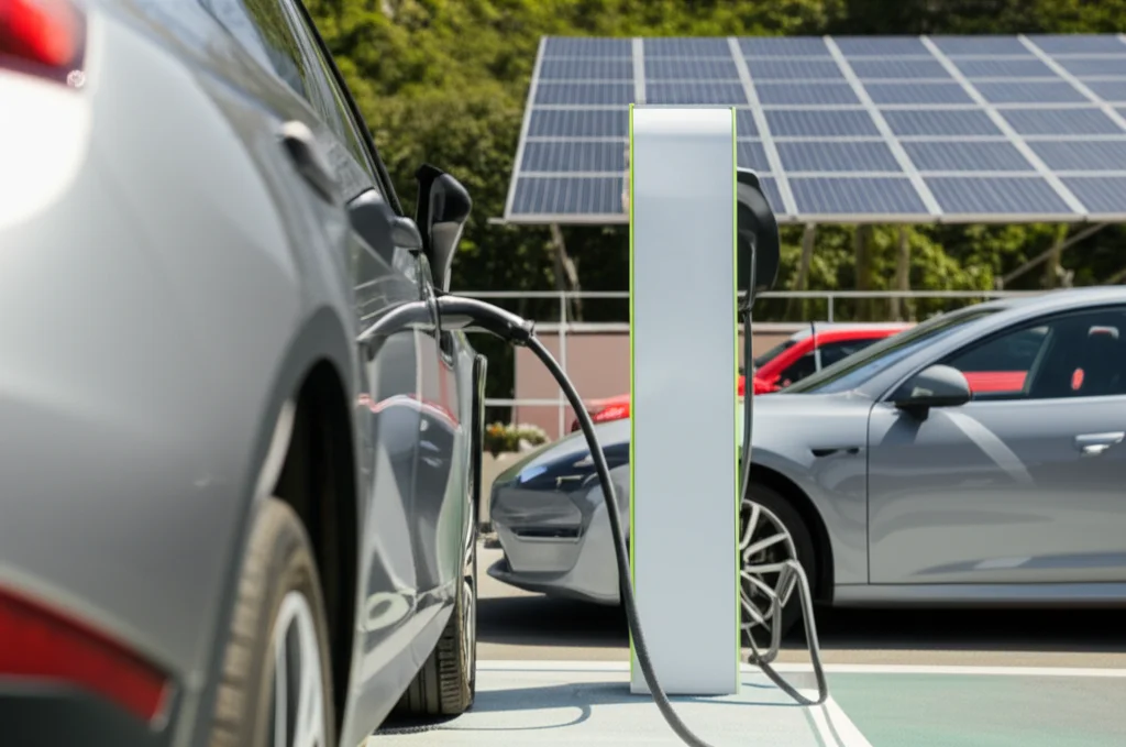 Un veicolo elettrico moderno collegato a una stazione di ricarica intelligente in un contesto isolano, con pannelli solari visibili sullo sfondo. Obiettivo prime da 35mm, profondità di campo, luce solare diretta ma diffusa.