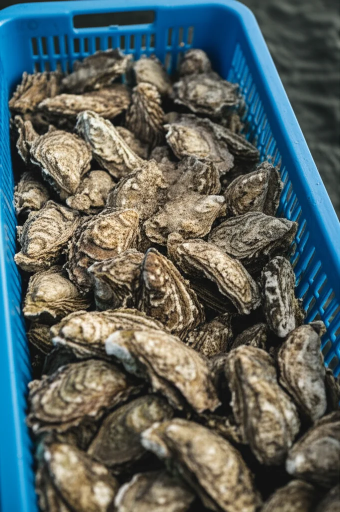 Un primo piano dettagliato di ostriche del Pacifico (Magallana gigas) in un cesto da allevamento, con i gusci che mostrano la loro struttura complessa. Macro lens, 60mm, high detail, precise focusing, controlled lighting, con l'acqua di mare che le bagna leggermente.