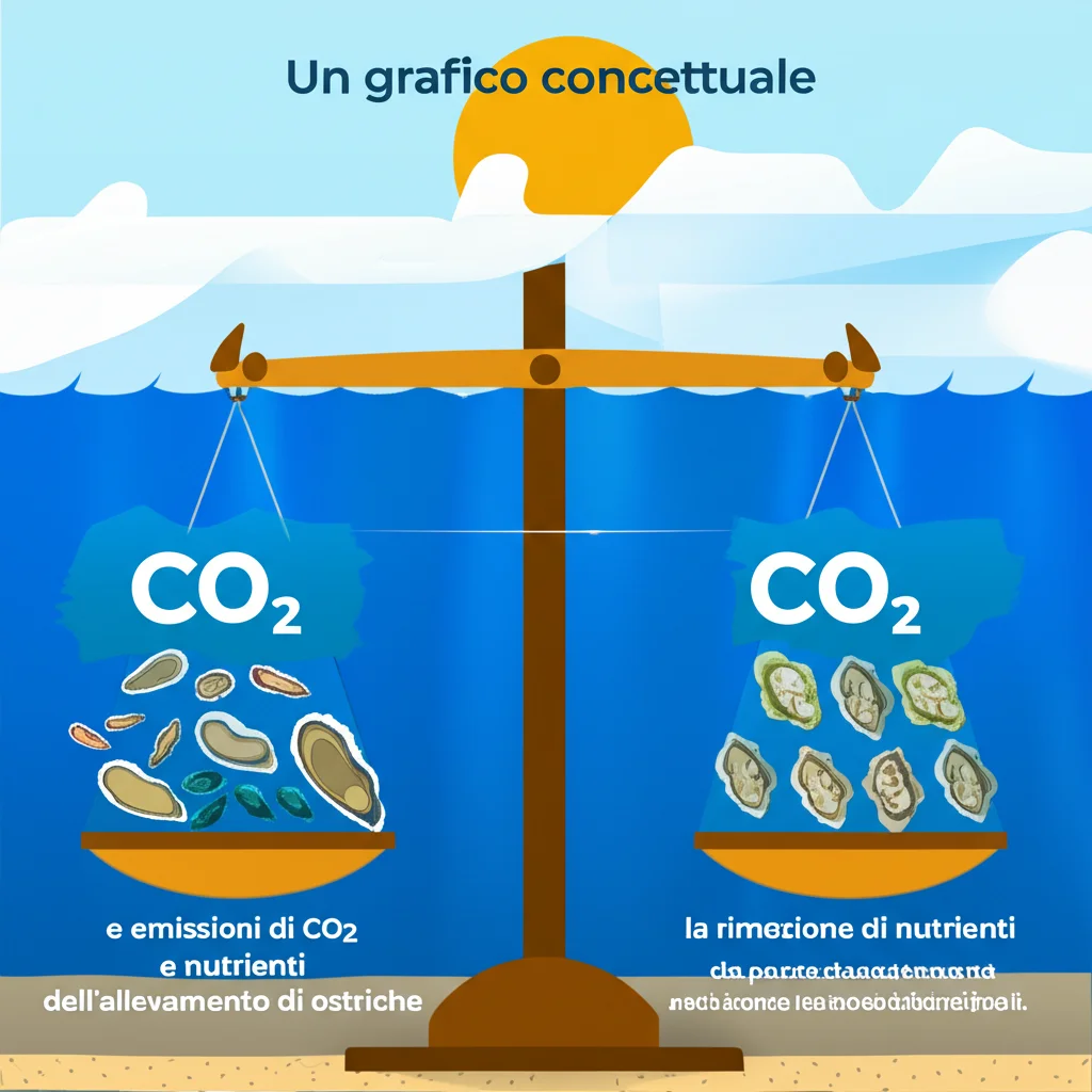Un grafico concettuale che mostra da un lato le emissioni di CO2 e nutrienti dell'allevamento di ostriche e dall'altro il sequestro di CO2 e la rimozione di nutrienti da parte delle ostriche, con una bilancia che pende nettamente a favore dei benefici. Stile infografica, colori chiari e icone intuitive.