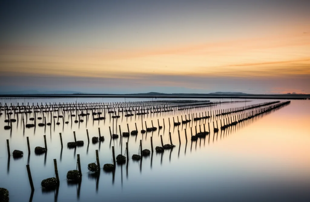 Un paesaggio costiero irlandese con un allevamento di ostriche visibile durante la bassa marea, i cavalletti e le sacche disposti in filari. Wide-angle, 15mm, long exposure times, smooth water, con una luce soffusa del tardo pomeriggio.