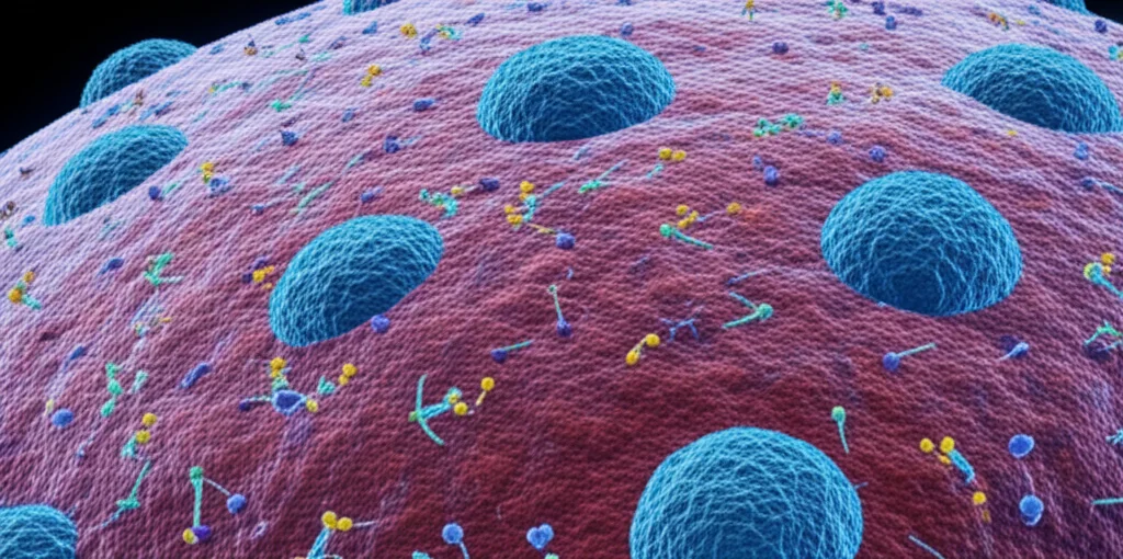 Visualizzazione astratta e stilizzata di percorsi metabolici interconnessi all'interno di una cellula tumorale, con flussi di energia e molecole evidenziati. Macro lens, 80mm, high detail, precise focusing, controlled lighting con toni blu e viola per enfatizzare la complessità scientifica.