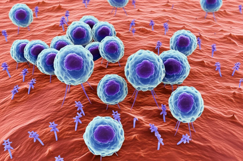 Immagine macro ad alta definizione di cellule immunitarie, come macrofagi e neutrofili, che infiltrano un tessuto infiammato. Illuminazione controllata per evidenziare i dettagli cellulari e le molecole di CCL2 (rappresentate schematicamente) secrete. Lente macro 100mm, alta risoluzione, focus preciso.