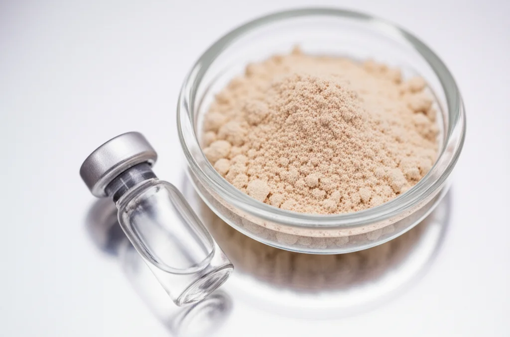 Still life, macro lens 100mm, di una fiala di paclitaxel legato all'albumina accanto a una piccola ciotola contenente polisaccaridi estratti dalla radice di Sophora subprostrate (polvere fine di colore beige chiaro), su uno sfondo pulito da laboratorio. Illuminazione da studio, alta definizione, focus sui dettagli delle texture dei farmaci.