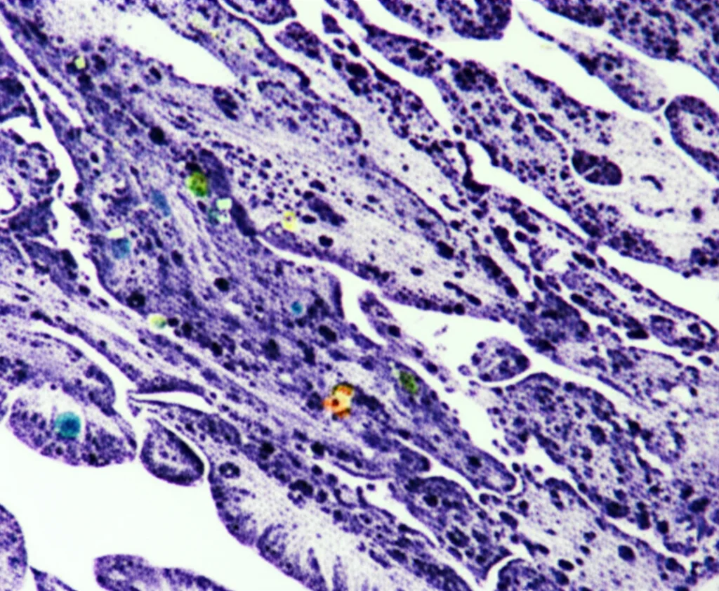 Fotografia macro ad altissima risoluzione di una sezione di tessuto tumorale testa-collo con una struttura linfoide terziaria matura (mTLS) chiaramente visibile. L'immagine, ottenuta con tecnica di immunoistochimica multiplex, mostra cellule B (CD20+) aggregate in un centro germinativo, circondate da cellule T CD4+ e CD8+, e cellule dendritiche (DC-LAMP+). Illuminazione da studio controllata per massimo dettaglio e contrasto cromatico. Obiettivo macro 105mm, profondità di campo ridotta per focalizzare sulla mTLS.