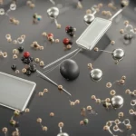 Fotografia macro di una cella elettrochimica stilizzata con elettrodi luminosi (anodo sacrificale scuro, catodo di platino brillante) immersi in una soluzione trasparente dove fluttuano molecole di 2H-cromene e un catalizzatore al rodio. Illuminazione controllata, alto dettaglio, lunghezza focale 80mm, focus preciso sulla reazione.