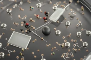 Fotografia macro di una cella elettrochimica stilizzata con elettrodi luminosi (anodo sacrificale scuro, catodo di platino brillante) immersi in una soluzione trasparente dove fluttuano molecole di 2H-cromene e un catalizzatore al rodio. Illuminazione controllata, alto dettaglio, lunghezza focale 80mm, focus preciso sulla reazione.