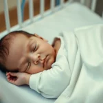 Fotografia realistica e toccante di un neonato che dorme serenamente in una culla ospedaliera. Accanto, quasi fuori fuoco ma riconoscibile, un piccolo e moderno dispositivo radar FMCW bianco, a simboleggiare il monitoraggio non invasivo. L'illuminazione è soffusa e calda, creando un'atmosfera di cura e protezione. Prime lens, 35mm, depth of field, duotone con colori tenui come azzurro polvere e crema per enfatizzare la delicatezza.