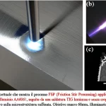 Immagine concettuale che mostra il processo FSP (Friction Stir Processing) applicato a una lastra di alluminio AA6061, seguito da una saldatura TIG luminosa e senza crepe. Dettaglio macro sulla microstruttura raffinata. Obiettivo macro 60mm, illuminazione drammatica.