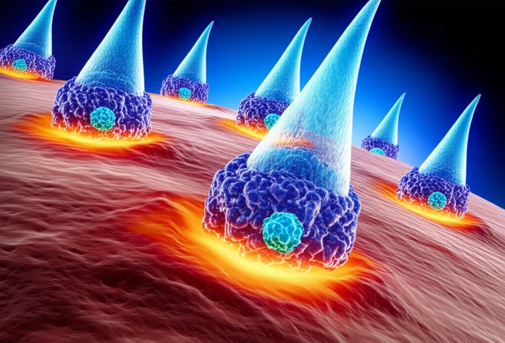 Immagine concettuale di una molecola di Dapagliflozin che interagisce con recettori stilizzati su una cellula articolare infiammata, con un effetto visivo di 'guarigione' o 'calmante' che si diffonde. Illuminazione drammatica, obiettivo macro 90mm, alta definizione, per evidenziare l'interazione molecolare nel contesto dell'artrite reumatoide.