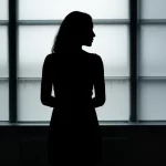 Immagine concettuale di una silhouette di donna pensierosa che guarda fuori da una finestra in un ambiente ospedaliero, con un leggero effetto controluce. Obiettivo prime 50mm, profondità di campo, toni freddi per trasmettere introspezione e la serietà dell'argomento trattato, come l'aborto interno e la gestione farmacologica.