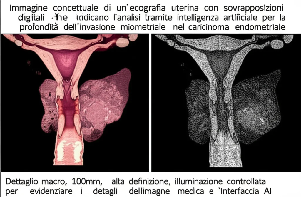Immagine concettuale di un'ecografia uterina con sovrapposizioni digitali che indicano l'analisi tramite intelligenza artificiale per la profondità dell'invasione miometriale nel carcinoma endometriale. Dettaglio macro, 100mm, alta definizione, illuminazione controllata per evidenziare i dettagli dell'immagine medica e l'interfaccia AI.