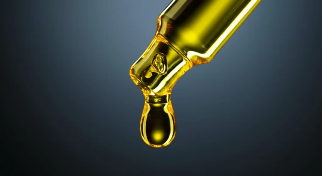 Macro lens, 100mm. High detail, precise focusing, controlled lighting. A single drop of golden biodiesel fuel hanging from a glass pipette against a dark background, symbolizing sustainable energy from waste.