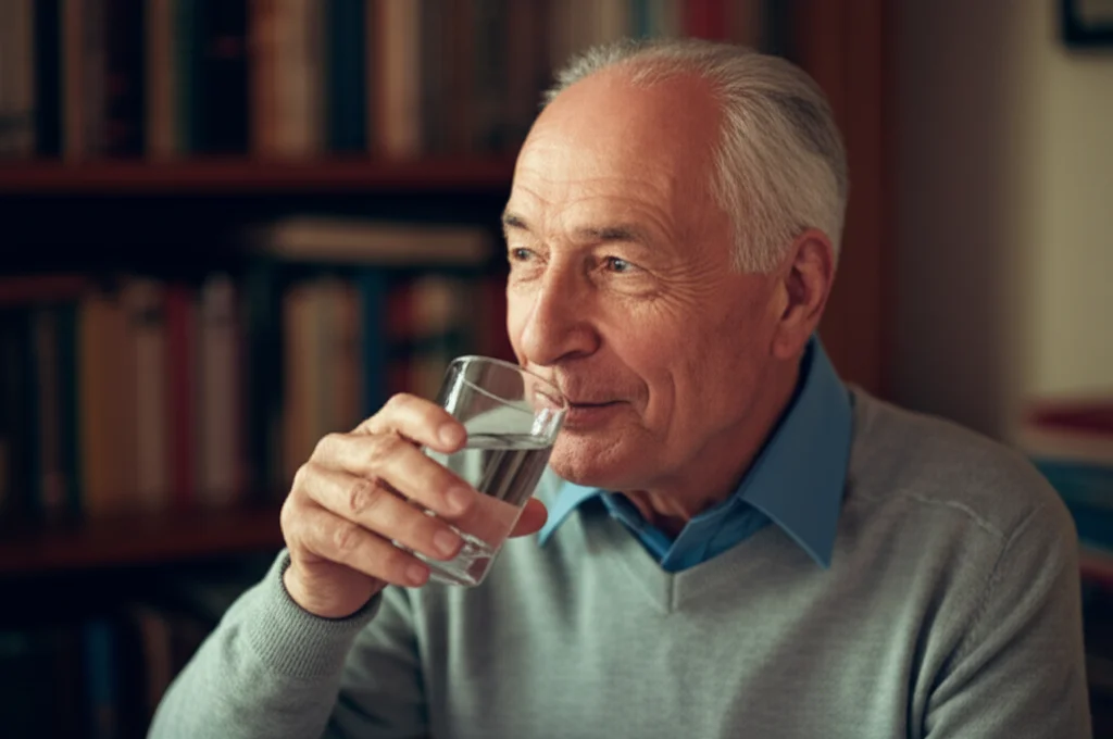 Un anziano sorridente che beve un bicchiere d'acqua fresca, con un'espressione di benessere. Alle sue spalle, una libreria o un ambiente domestico confortevole. Portrait photography, 35mm lens, depth of field, luce naturale, colori caldi.
