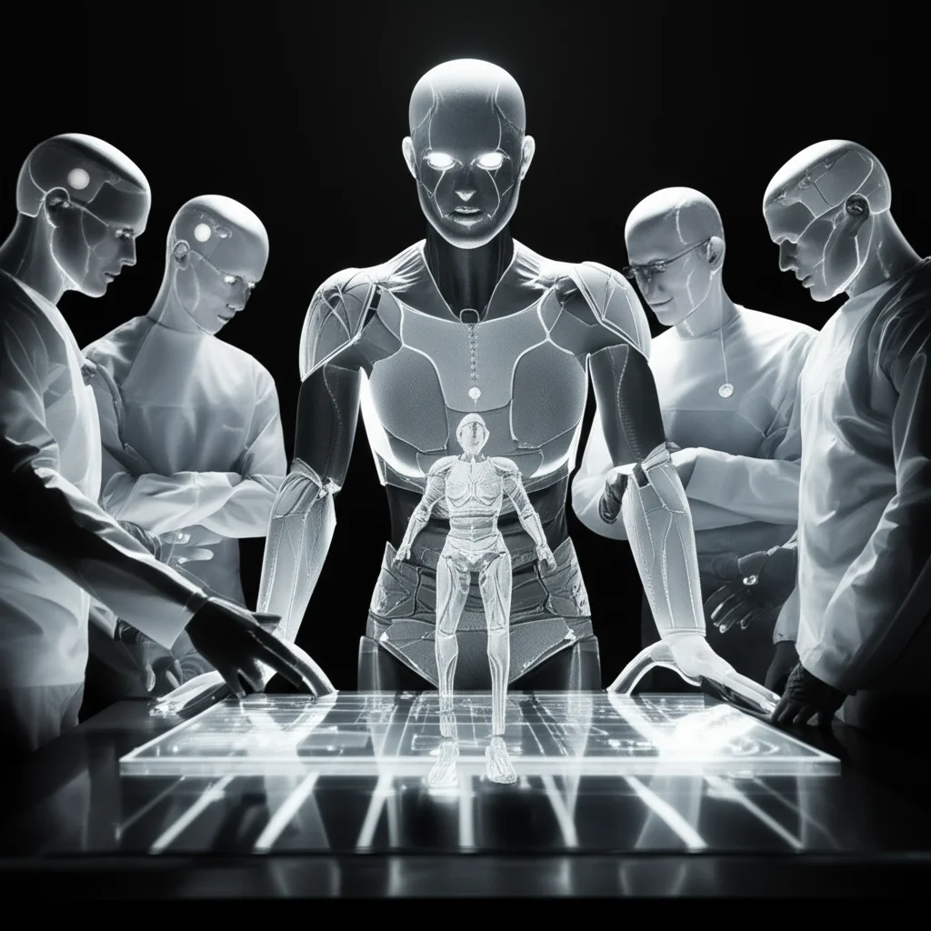 Un gruppo di figure umanoidi stilizzate e traslucide, rappresentanti medici e un'IA, attorno a un tavolo olografico che mostra dati complessi. Una figura IA al centro sembra influenzata dalle opinioni delle altre. Lente prime 24mm, profondità di campo, atmosfera da film noir con luci e ombre marcate, bianco e nero.