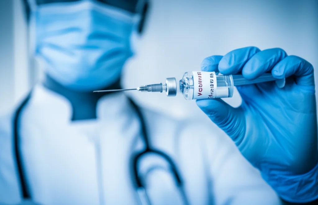 Un medico con mascherina protettiva e guanti tiene in mano una siringa con il vaccino COVID-19, pronto per l'inoculazione, simboleggiando la speranza e la ricerca scientifica contro il Long COVID. Portrait photography, prime lens, 35mm, depth of field, duotone blu e bianco per un effetto pulito e medico.