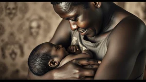 Una madre africana della Sierra Leone culla con amore il suo neonato. L'immagine, scattata con un obiettivo da ritratto da 35mm, utilizza una palette di colori duotone seppia e grigio per enfatizzare l'intimità e la vulnerabilità. La profondità di campo è ridotta per mantenere il focus sui soggetti, trasmettendo un senso di speranza e la preziosità della vita, in un contesto di lotta contro la mortalità infantile.