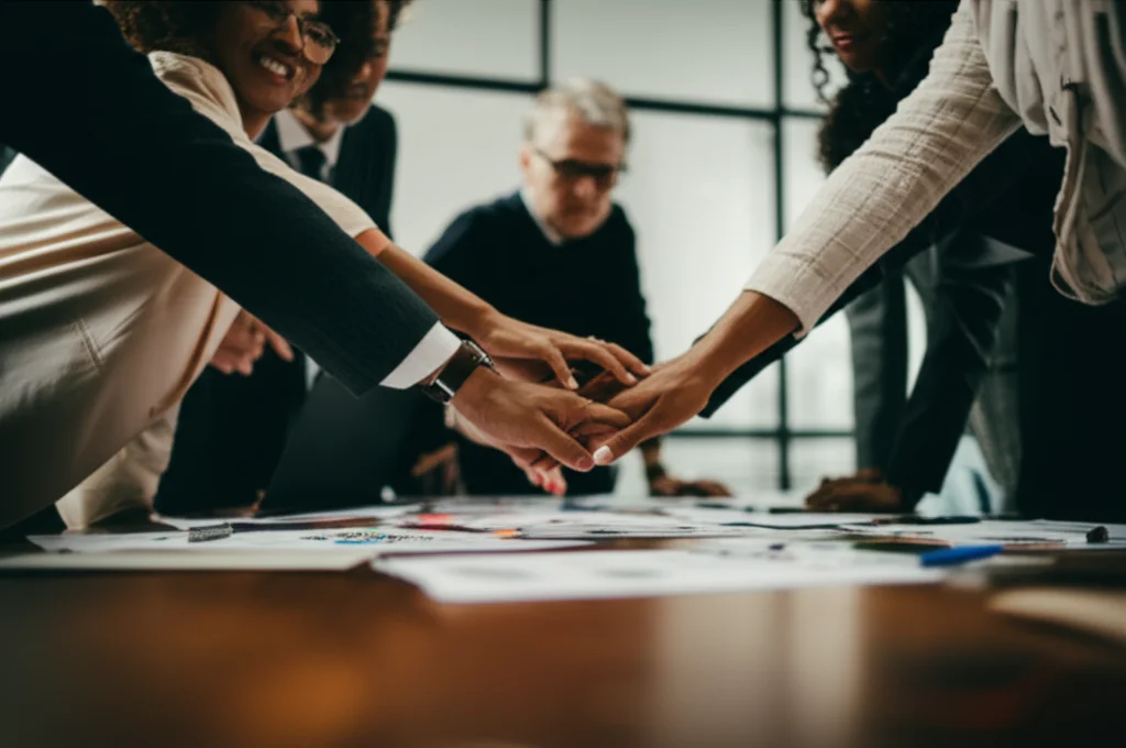 A group of diverse individuals collaborating around a table in a modern office, symbolizing human-centered decision making and growth in organizations, wide-angle lens, 24mm, sharp focus, natural lighting.