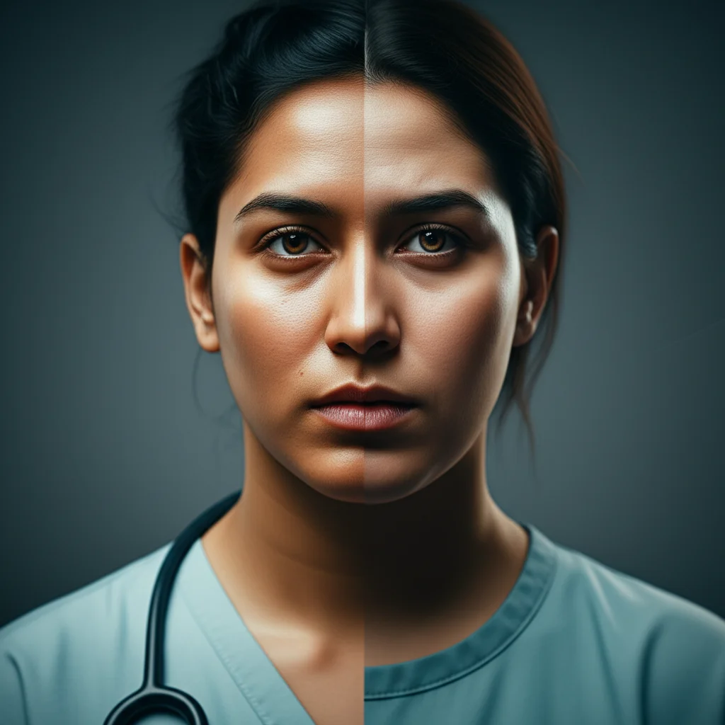 A split image showing a vibrant, healthy person on one side (representing remission) and a slightly faded, concerned person on the other (representing potential relapse), 35mm portrait, depth of field, symbolizing the journey after metabolic surgery.