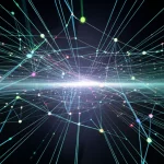 Abstract representation of secure data flow in a network, wide-angle, 10mm, controlled lighting.
