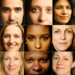 Collage di volti diversi da tutto il mondo (età, etnie, espressioni varie) che si fondono simbolicamente, rappresentando lo studio globale sul perdono. Fotografia ritrattistica, obiettivo zoom 24-70mm, toni caldi, profondità di campo media per mantenere diversi volti a fuoco.